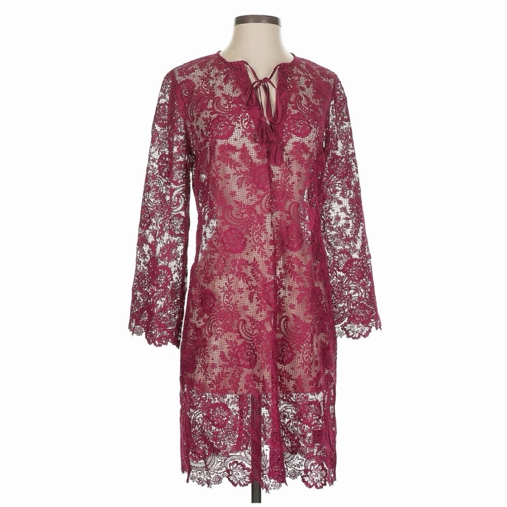 NWOT Johnny Was Sheer Lace Dress Burgundy Wine XS Boho Floral Tie Neck MSRP $388